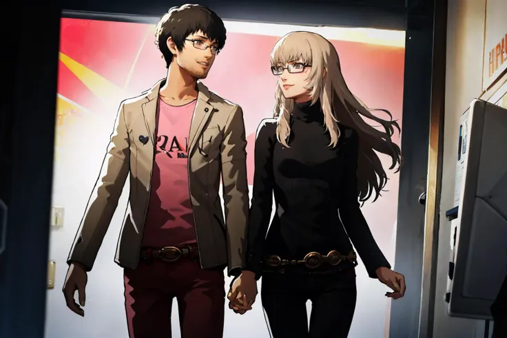 anime couple walking in a hallway holding hands