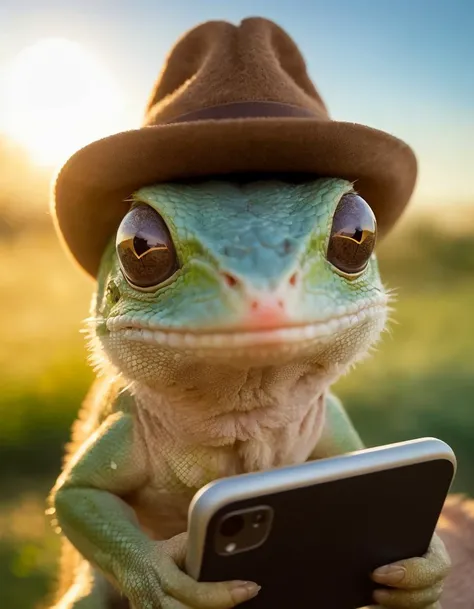 by Franz Lanting, hdr photo, portrait, photorealistic, at dawn, sun rise, cute mini (fiction creature like lizard) in amazon forest is (looking at the viewer) looking at his iphone, lizard has iphone, (smiley face:0.5), wearing miniature mexican hat, brown...