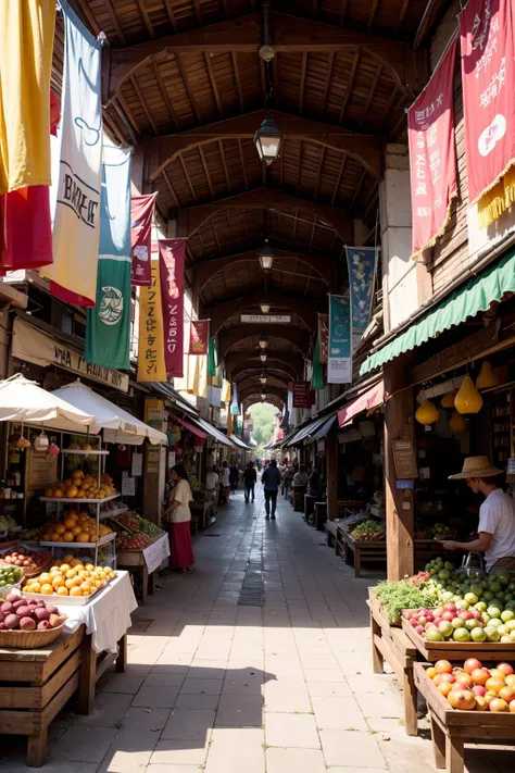 A landscape of a bustling marketplace filled with exotic fruits and vibrant textiles.