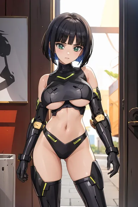 (masterpiece, best quality), 1girl,    <lora:eines_20240212_2:0.8> ssrsuit,underboob cutout,navel,bare shoulders,crop top,thigh boots,elbow gloves,joints,panties, eines,