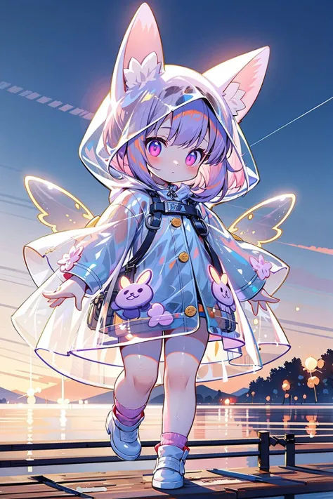 1girl,raincoat,pop style,glowing,purple,purple glowing,solo,looking at viewer,bangs,animal ears,closed mouth,flying in sky,full body,pink hair,outdoors,sky,socks,pink eyes,water,flying,
<lora:GlowingPP:0.7>,