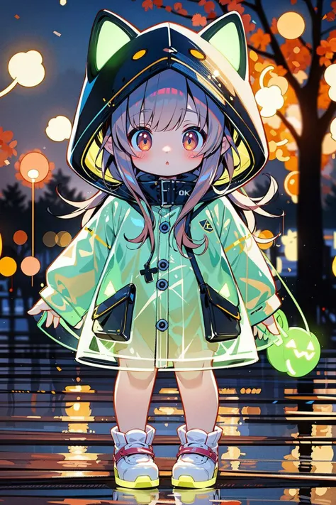 masterpiece,best quality,4k,
1girl,raincoat,pop style,glowing,solo,looking at viewer,halloween,pumpkin,blush,long hair,bangs,brown hair,animal ears,brown eyes,standing,outdoors,shoes,blurry,tree,see-through,night,blurry background,animal hood,
<lora:Glowin...