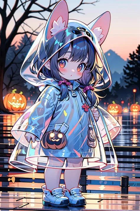 masterpiece,best quality,4k,
1girl,raincoat,pop style,glowing,solo,looking at viewer,halloween,pumpkin,blush,long hair,bangs,brown hair,animal ears,brown eyes,standing,outdoors,shoes,blurry,tree,see-through,night,blurry background,animal hood,
<lora:Glowin...