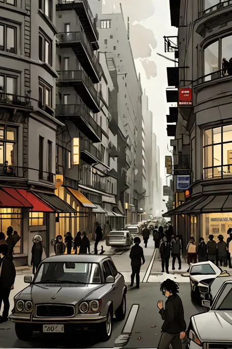 illustration of a busy city street with people walking and cars