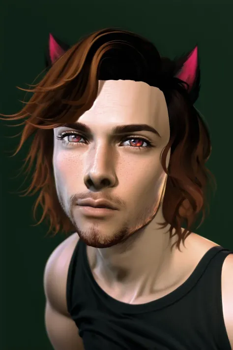 a close up of a man with a cat ear and a black tank top