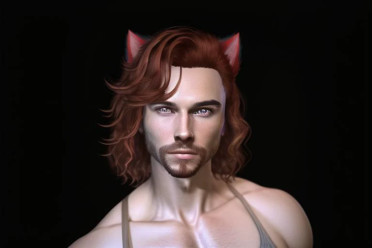 a close up of a man with red hair and a cat ear