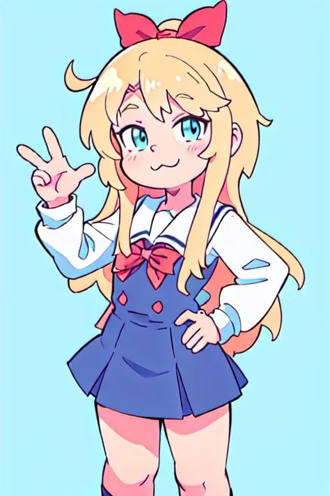 anime girl with a pink bow and blue dress holding up a peace sign