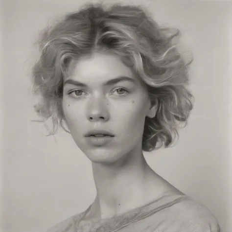 a black and white photo of a woman with a messy hair