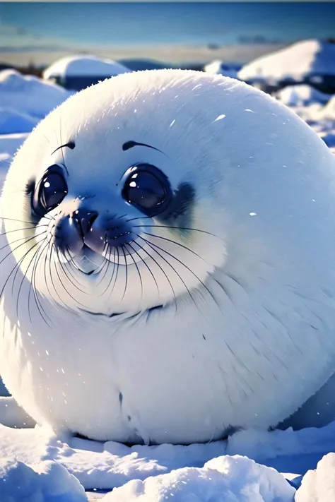 arafed seal laying on snow covered ground with ocean in background