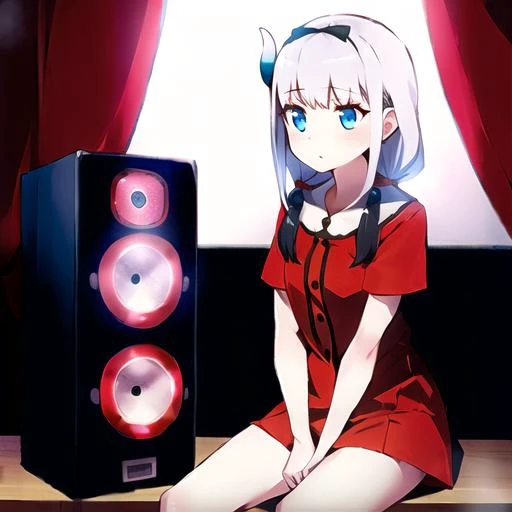 anime girl sitting on a table with a speaker and a speaker