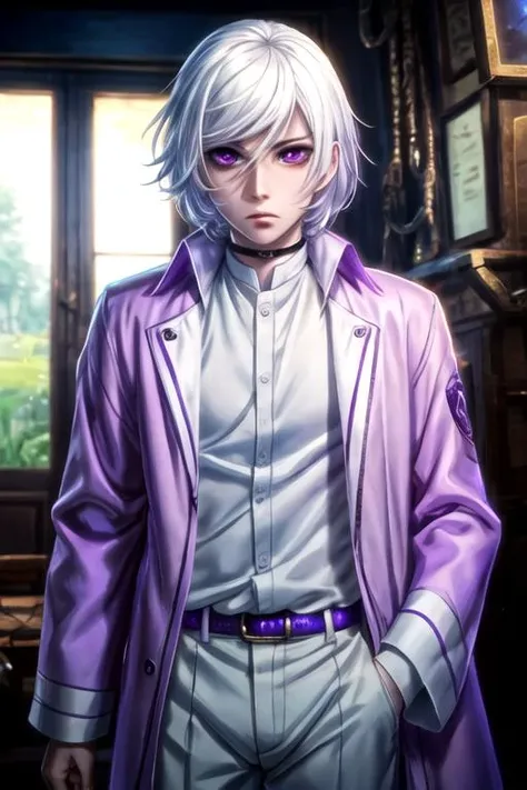 masterpiece, best quality, game cg, 1boy, solo, male focus, looking at viewer, , depth of field, <lora:cutthroat_akudama_drive:0.70>, cutthroat_akudama_drive, white hair, purple eyes, decade costume, ,