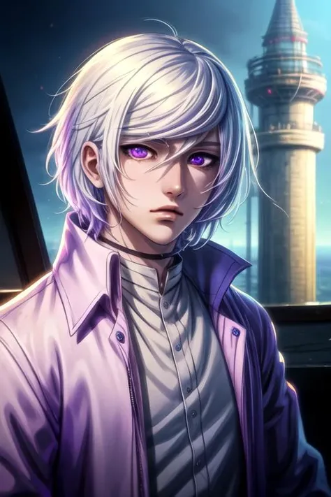 masterpiece, best quality, wallpaper, 1boy, solo, male focus, looking at viewer, upper body, depth of field, <lora:cutthroat_akudama_drive:0.70>, cutthroat_akudama_drive, white hair, purple eyes, , The Tower of Destiny,