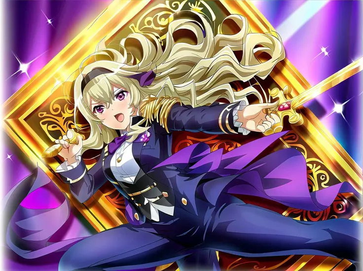 anime girl in a purple suit with a sword and a purple background