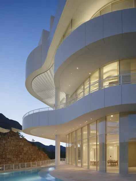 a close up of a building with a pool and a balcony