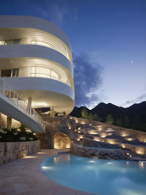 a close up of a pool with steps leading to a building