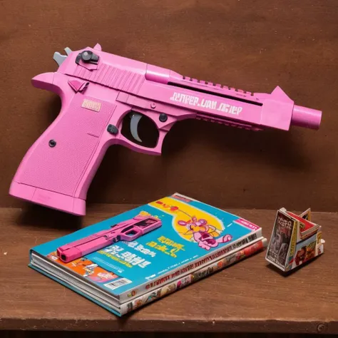 anime artwork of  <lora:The Pink Panther:1>
The Pink Panther a pink gun with a magazine and a magazine holder,anime manga style,weapon,gun,no humans,rifle,wooden floor,bullet,shotgun,magazine (weapon) , cartoon, funny, silly, desert eagle hand gun pistol, ...