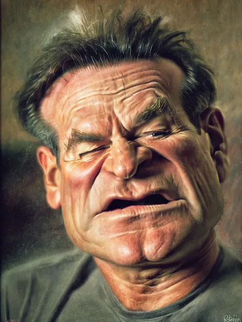 kru3ger_style, (masterpiece:1.2) ,portrait, digital art,close up of a Stressed Robin Williams, Artisanal hairstyle, soft focus, Shameful, Motion blur, Oversaturated, (cgtalk:1.2) , (desaturated:1.2) ,8k <lora:sebastiankrueger-kru3ger_style-000008:0.75>