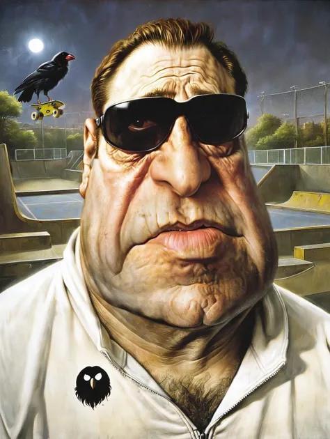 kru3ger_style, (masterpiece:1.2) , digital art, stylized, Extraordinary Good Contemporary (John Goodman:1.2) , wearing Hospitable Albanian White Joggers, Hairy One-Eyed, Sudanese Crow Ears, inside a Skate park, Spring, horizon-centered, Cel shading, Hopele...