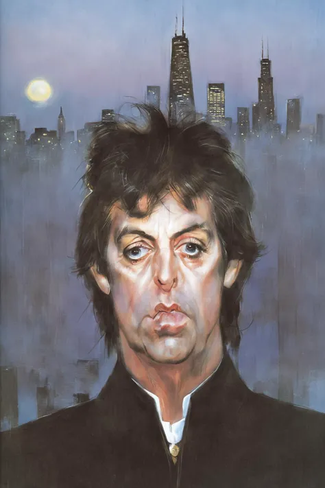 kru3ger_style, (best quality) , (masterpiece) , digital art, majestic, Ghostly Paul McCartney, Chicago in background, at Dusk, soft focus, Happy,  <lora:sk-kru3ger_style:1>