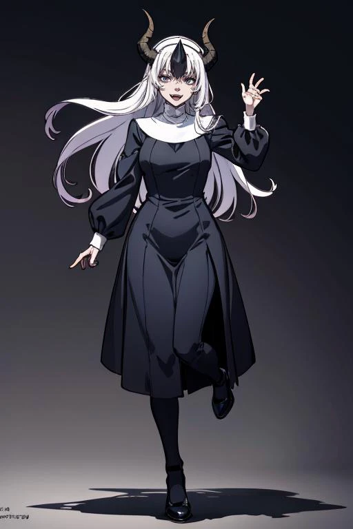 masteerpiece, lineart, strong shadows, beautiful demonic woman, white long hair,fangs, horns,Balancing on one foot, pretending to be a scarecrow, revealing,  <lora:Nun:1>, nun