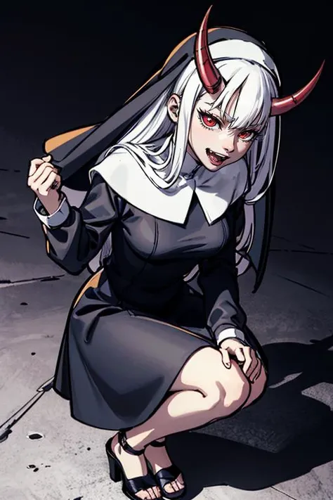 masteerpiece, lineart, strong shadows, beautiful demonic woman, white long hair,fangs, horns,Balancing on tiptoes, revealing,  <lora:Nun:1>, nun