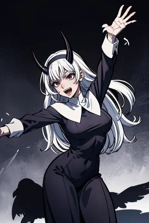 masteerpiece, lineart, strong shadows, beautiful demonic woman, white long hair,fangs, horns,Balancing with arms outstretched, mimicking a bird in flight, revealing,  <lora:Nun:1>, nun