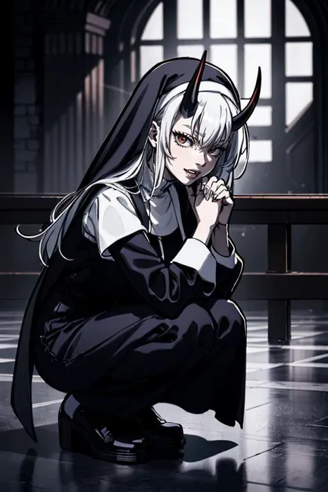 masteerpiece, lineart, strong shadows, beautiful demonic woman, white long hair,fangs, horns,Crouching with hands on the ground, revealing,  <lora:Nun:1>, nun