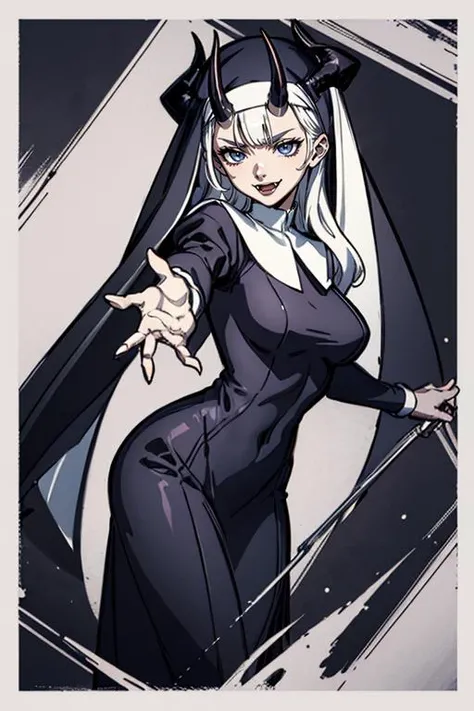 masteerpiece, lineart, strong shadows, beautiful demonic woman, white long hair,fangs, horns,Bending sideways with one hand reaching down, revealing,  <lora:Nun:1>, nun