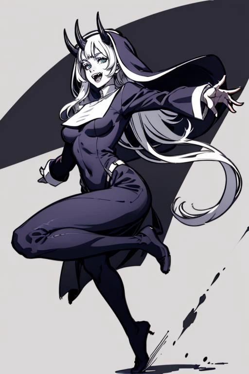 masteerpiece, lineart, strong shadows, beautiful demonic woman, white long hair,fangs, horns,Balancing on one foot with arms extended, revealing,  <lora:Nun:1>, nun