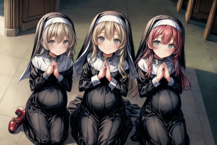 three anime girls in nun dresses are sitting on the floor