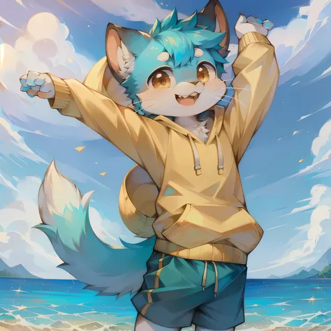 masterpiece, high quality portrait, anthro, cyan furry, (cub), (whiskers), solo child boy, hoodie, swimming trunks, windy, posing, (laughing:1.2), infinite water, full shot, (by kekitopu)