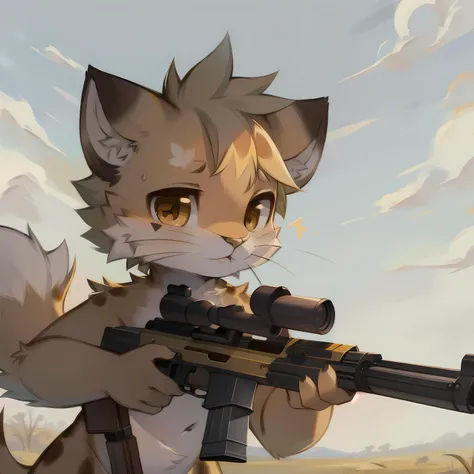 masterpiece, high quality portrait, anthro, furry, (cub), (whiskers), solo child boy, (face paint), (shooting gun:1.3), savanna, (by kekitopu)