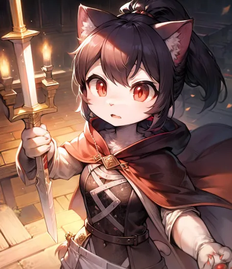 girl, grainy, black_ponytail, detailed_face, detailed_body, high_detail, masterpiece, cat,anthro, jumping_in_air, sriking_with_detailed_Sword, loose_clothes, detailed_clothes, hooded_cloak, menacing, detailed_red_eyes, surprised_expression,