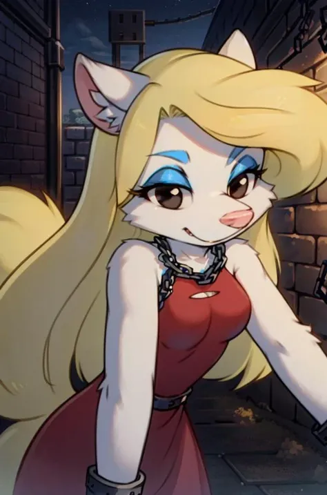 1girl, MinervaMinkCzar,(furry, furry female, full body), (animal ears, long tail, blonde tail:1.3, pink nose, snout, white fur, swept bangs, long hair, blonde hair, makeup, black eyes, black eyebrows, blue eyeshadow), (red dress, torn clothing, defensive, ...