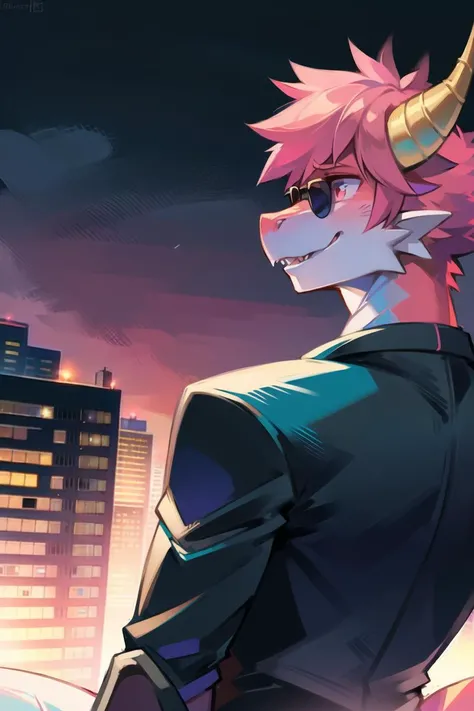 1boy, dragon boy, (scalie:1.4),suit, expressionless, light pink short hair, dragon horns, dragon tail, sunglasses, holding gun, on top of building, night, city, highly detailed, (best quality), (masterpiece), (high resolution), outdoors, detailed_backgroun...