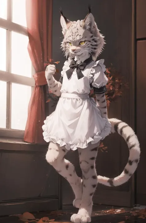 masterpiece, best quality,highres,perfect lighting,4k,hdr,big paws
lynx,lynxcat,sheli,canada lynx,kitten,white maid uniform,furry girl,short tail,flat chest, 
 <hypernet:furry_kemono:0.4>  <lora:Lynx:0.7>