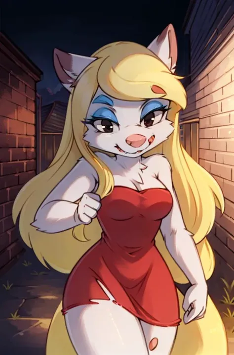 1girl, MinervaMinkCzar,(furry, furry female, full body), (animal ears, long tail, blonde tail:1.3, pink nose, snout, white fur, swept bangs, long hair, blonde hair, makeup, black eyes, black eyebrows, blue eyeshadow), (red dress, torn clothing, defensive, ...