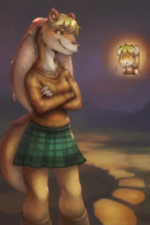 anime, jar jar binks, 1girl, young woman, moushley, orange sweater, looking at viewer, small muzzle,  <lora:moushleyRE4Meme_v10:0.7>, rat tail, plaid green skirt, blonde hair,  fall, arms crossed ,  <lora:jarJarBinksGunganStar_v3:0.9>