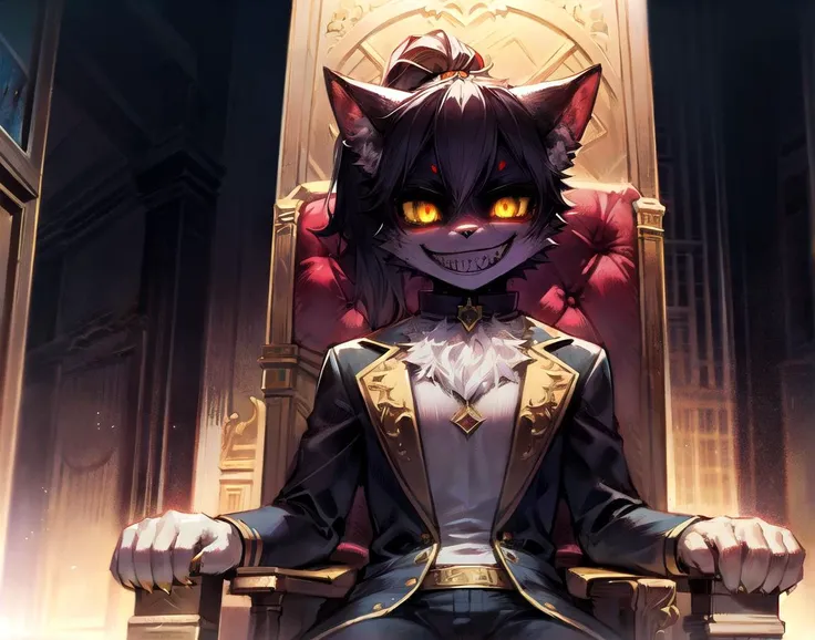 boy,cat,grainy, black_ponytail, detailed_face, detailed_body, high_detail, masterpiece,(anthro:0.5),(furry:0.5),detailed_expensive_clothes, sitting_on_extremely_detailed_golden_chair,(menacing_pose:1.2), ruler_of_the_world, extremely_relaxed, gold_eyes, lo...