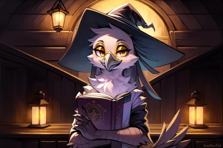 anthro secretary_bird, beak, ((winged-arms)), witch outfit, witch hat, holding book, lantern light, night, in a witches hut, potions and cauldron, posing, portrait, looking at viewer,