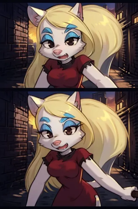 1girl, multiple boys, MinervaMinkCzar,(furry, furry female, full body), (animal ears, long tail, blonde tail:1.3, pink nose, snout, white fur, swept bangs, long hair, blonde hair, makeup, black eyes, black eyebrows, blue eyeshadow), (red dress, torn clothi...