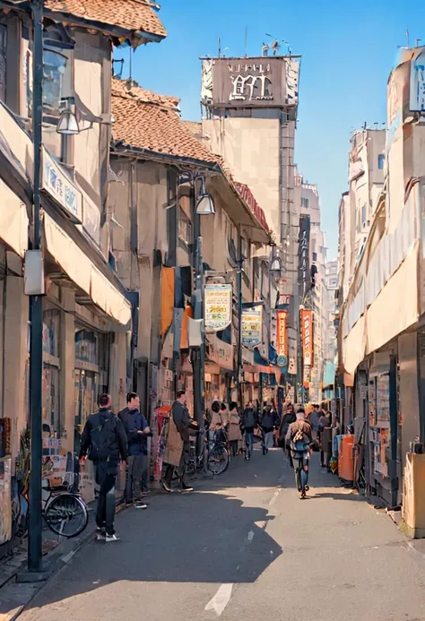 people walking down a narrow street with a clock tower in the background