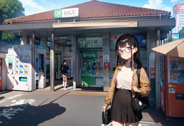 anime girl in a short skirt and glasses standing in front of a vending machine