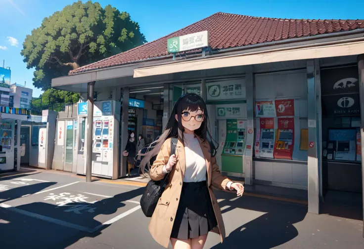 there is a woman standing in front of a store with a bag