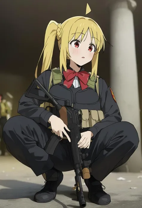 squatting, holding submachine gun,Mideastelite,masterpiece, best quality,btr-nijika, 1girl, blonde hair, solo, side ponytail, long hair, (ahoge:1.2), red bow, jacket,pants,patch,pouch,bulletproof vest,bowtie, long sleeves <lora:bocchi_xl:1>  <lora:MideastE...