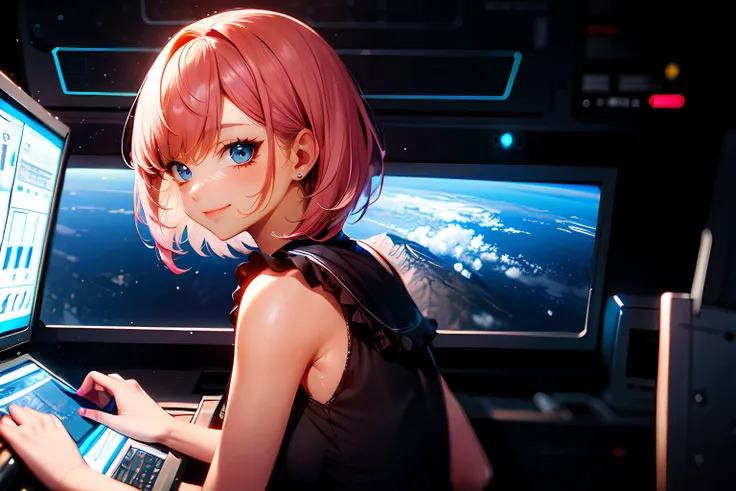 1girl, close up, shoulder focus, from side, short hair, pink hair, blue eyes, science fiction, black dress, frilled dress, sleeveless dress, bare shoulders, bare arms, closed mouth, smile, indoors, spaceship, computer screen