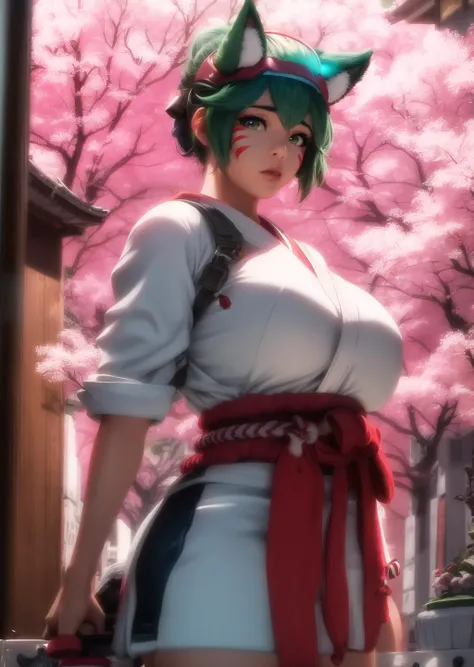 Kiriko (Overwatch), masterpiece, 1girl, green hair, facial mark, glowing cyan eyes, fox headband,beautiful detailed eyes, big tits, weapon, kunai, ultra-detailed, perfect anatomy, looking at viewer, realistic, japanese temple with cherry blossoms, very det...