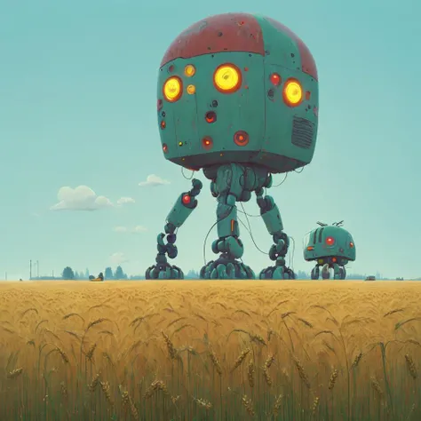 <lora:Simon_Stalenhag_TFTL-000003:1> Simon Stalenhag, robot, wheat field, sunny day