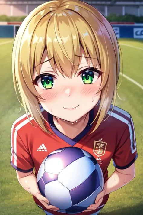 a close up of a person holding a soccer ball on a field