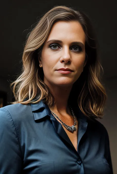 a professional photograph of beautiful(KW116:1.2) woman,as the US President,wearing a (dark suit with light blue blouse:1.2),standing in front of the Resolution Desk in the Oval Office in the White House,arms crossed with serious expression,perfect wavy ha...